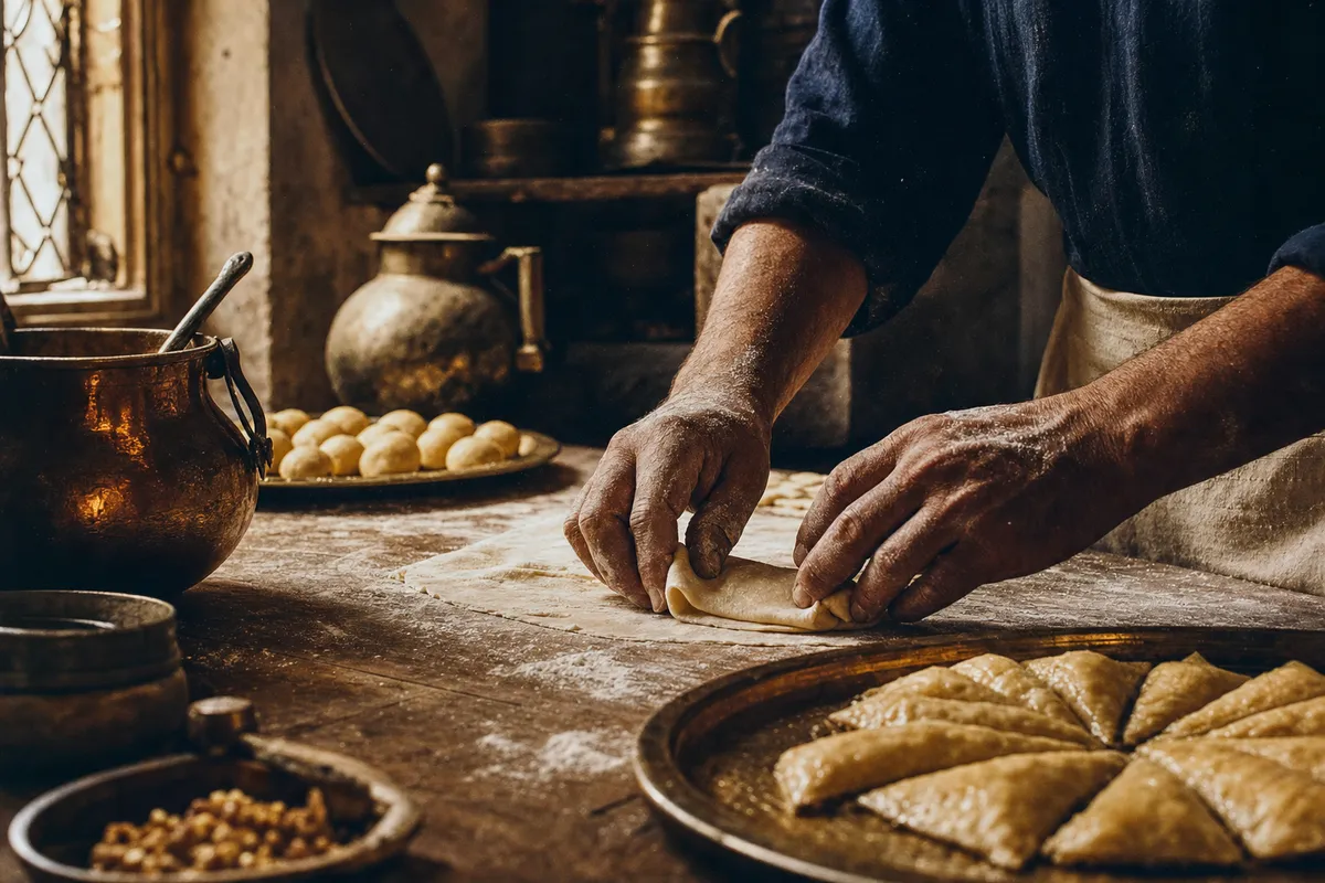 A master baker's flour-dusted hands shaping filo dough in a traditional Damietta pastry workshop.